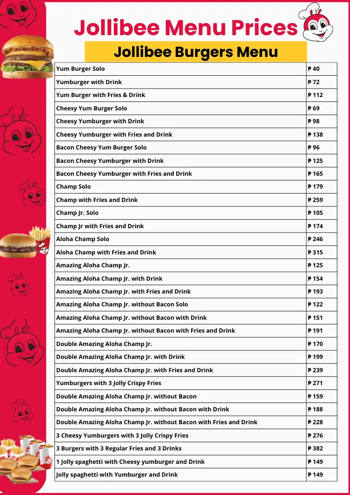 Jollibee Menu with Price List in Philippines – Updated 2025 7 Jollibee Burgers Menu Card