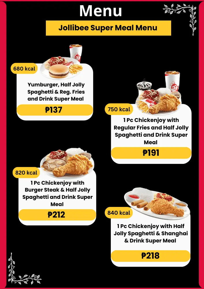 Jollibee Menu with Price List in Philippines – Updated 2025 15 Jollibee Super Meal Menu Card