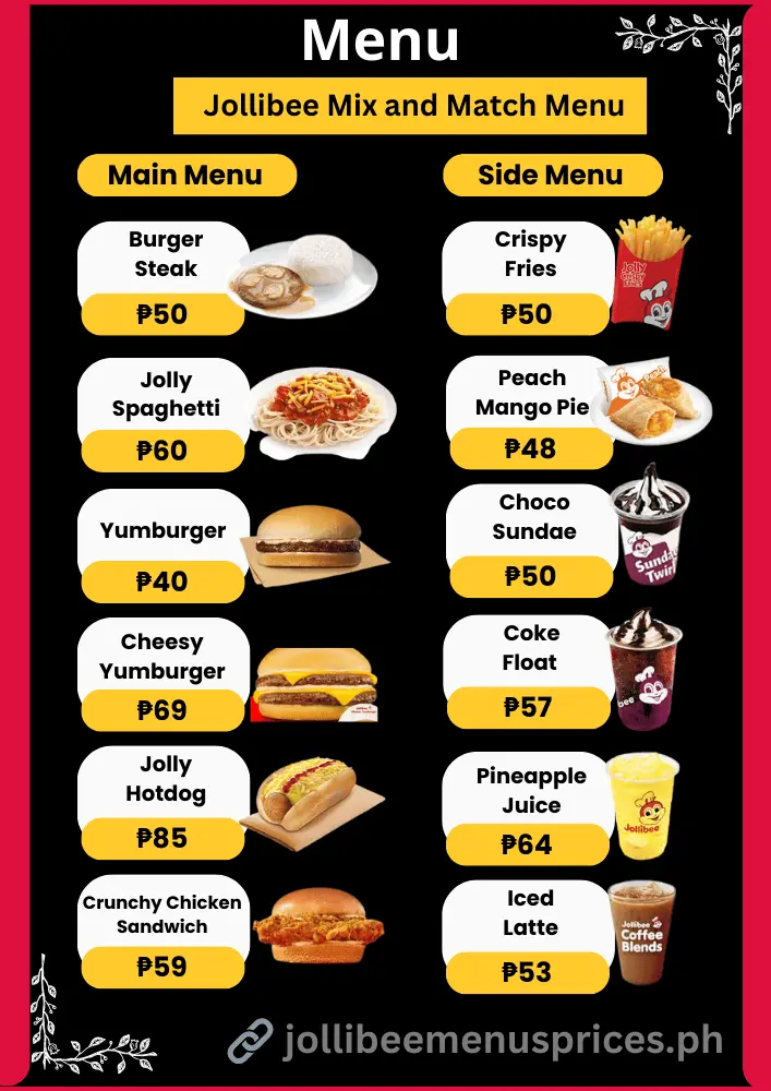 Jollibee Menu with Price List in Philippines – Updated 2025 16 Jollibee Mix & Match Menu Card