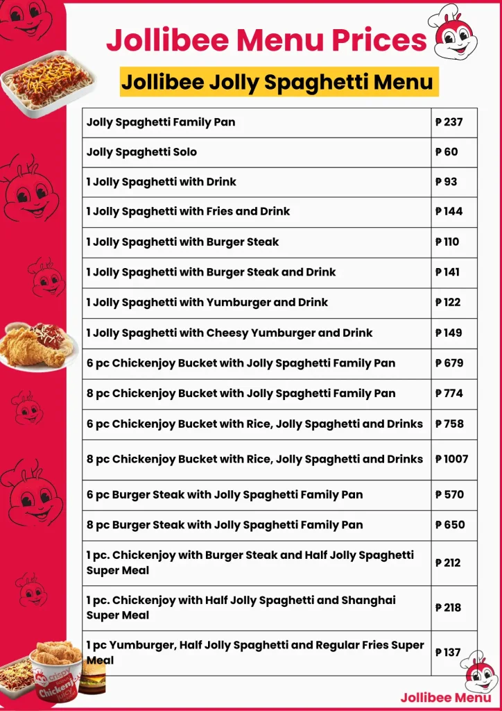 Jollibee jolly spaghetti menu card